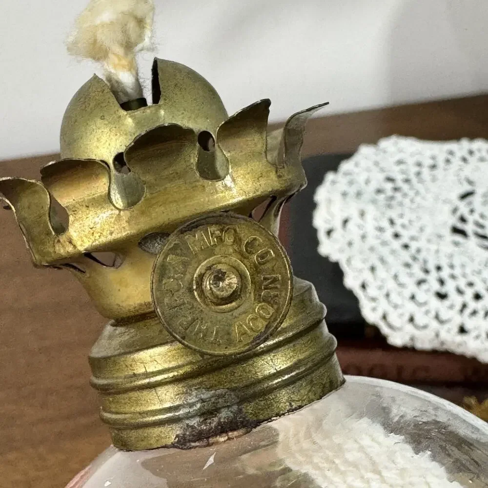 Vintage T.M. Co. NY Miniature Oil Lamp Clear Glass Hand Painted Floral Brass